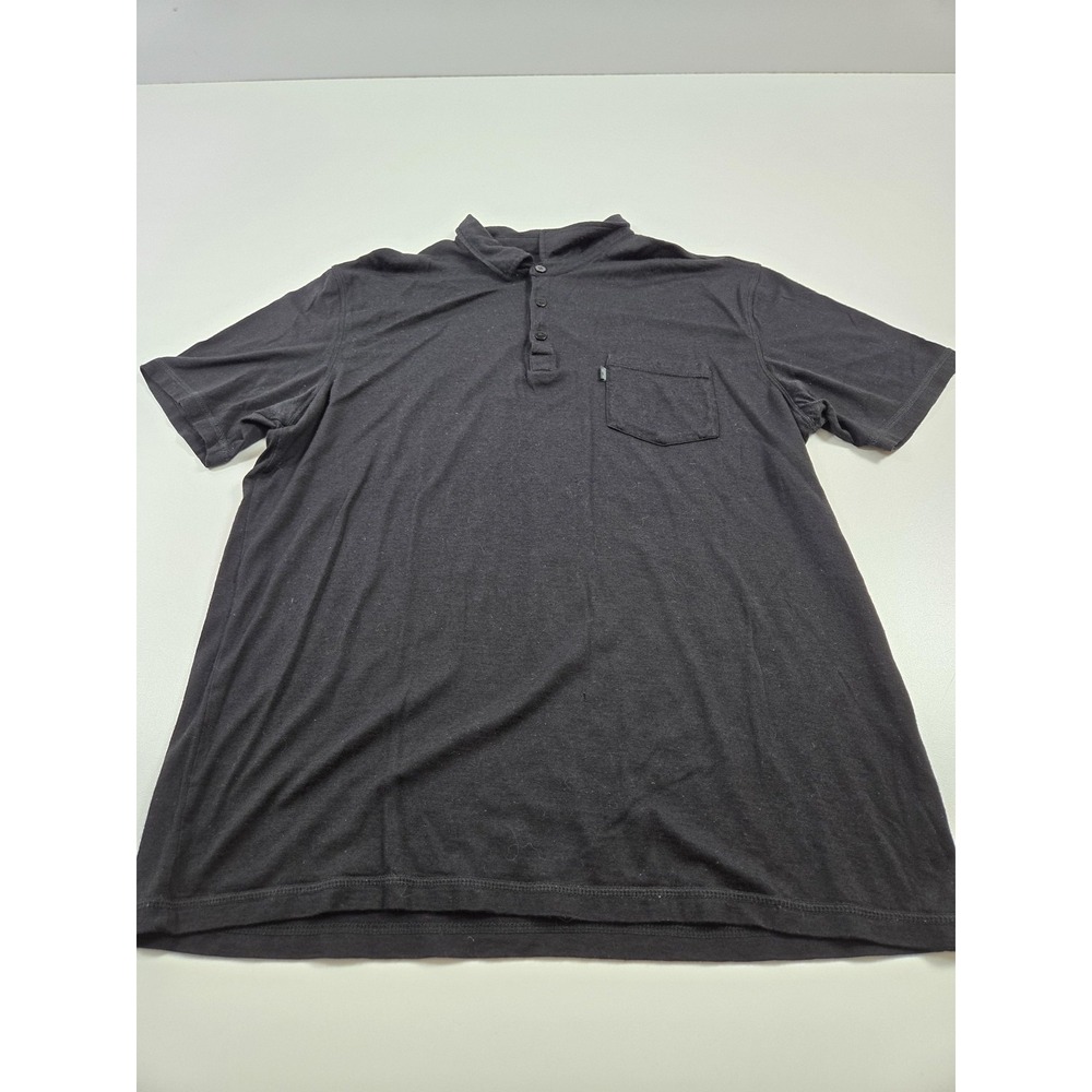 Woolly Shirt Mens Large Black Merino Wool Short Sleeve Henley Pocket Casual READ